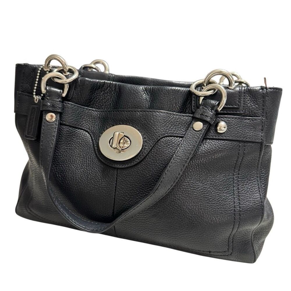 Vintage Coach Black Pebbled Leather Turn Lock Tote Shoulder Bag F18921 Silver Ha - Picture 2 of 7